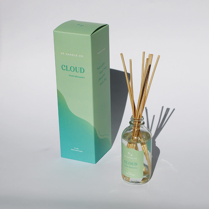 Glass diffuser bottle with reeds and packaging labeled 'Cloud' on a white background.