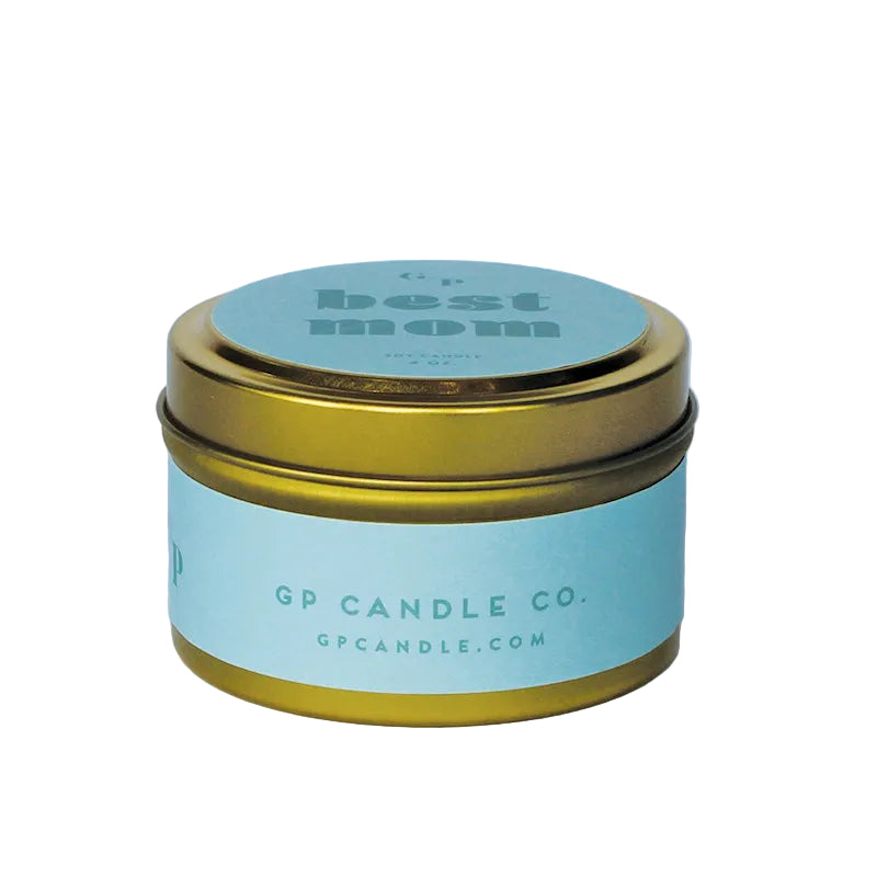 Sideview of 4 oz. mint green candle tin with gold lid featuring 'best mom' text and GP Candle Co. logo on the side.
